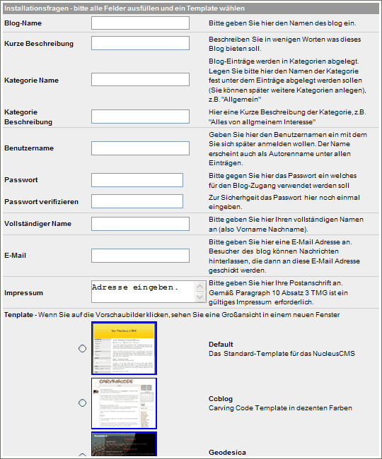 Screenshot: Installationsseite