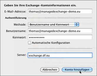 Exchange-Kontoinformationen eingeben.