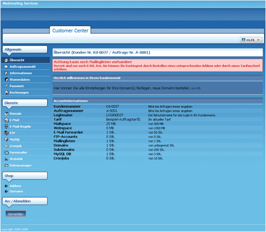 &Uuml;bersicht nach dem Login im Scheme blue