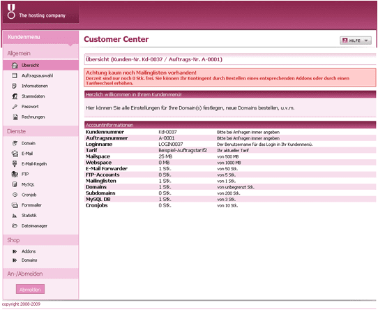 &Uuml;bersicht nach dem Login im Scheme purple