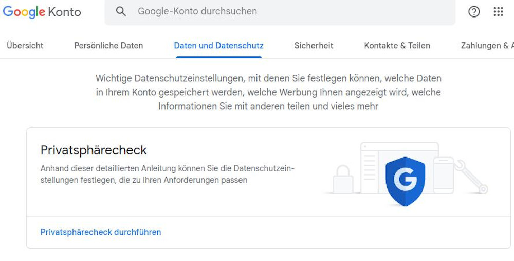 Abbildung: Google-Konto verwalten - Die Datenschutzeinstellungen anpassen