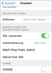 Einstellungen f&uuml;r IMAP: SSL verwenden: ja, IMAP-Pfad-Pr&auml;fix: INBOX, Server-Port: 993