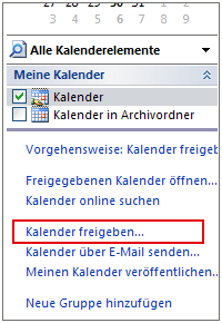 Verkn&uuml;pfung 'Kalender freigeben' in der Navigationsleiste