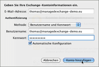 Exchange-Kontoinformationen eingeben.