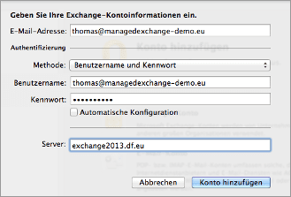 Exchange-Kontoinformationen eingeben.