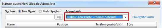 Adressbuch: W&auml;hlen Sie 'Globale Adressliste'