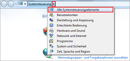 Screenshot: Systemsteuerungselemente &ouml;ffnen