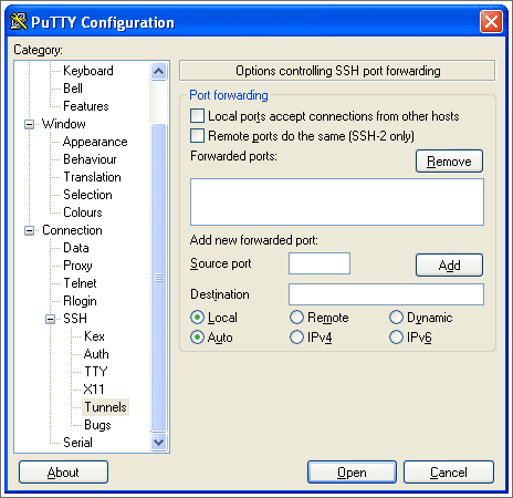 PuTTY Configuration: Connection, SSH, Tunnnels