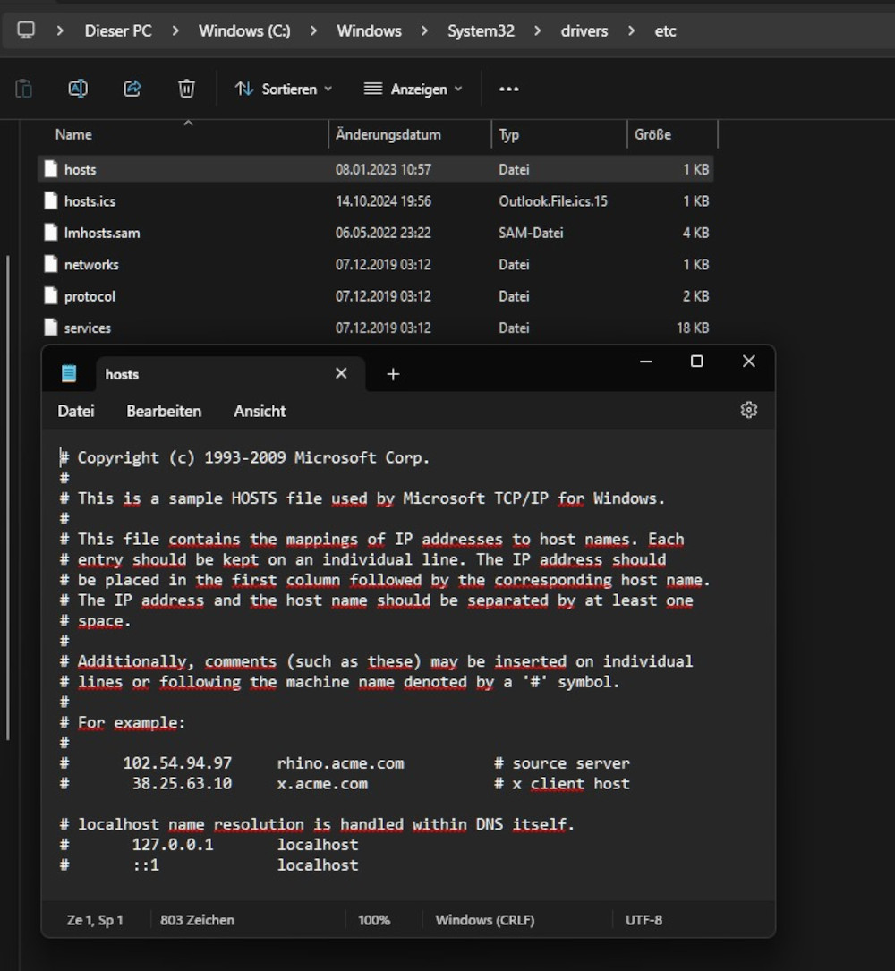 Abbildung: Die HOSTS-Datei steuert Netzwerkverbindungen.