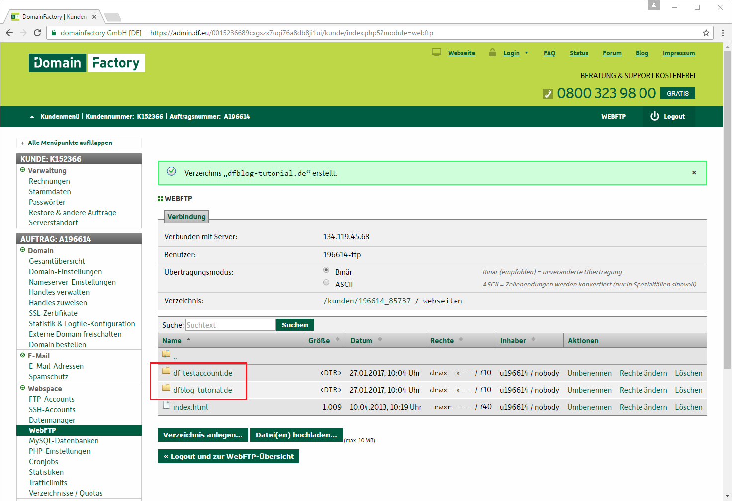 Screenshot Kundenmenü, WebFTP: Übersicht