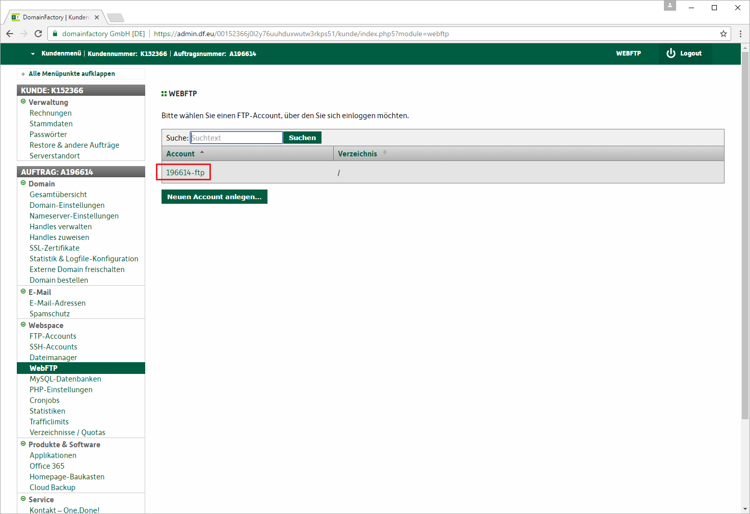 Screenshot Kundenmenü, WebFTP Login