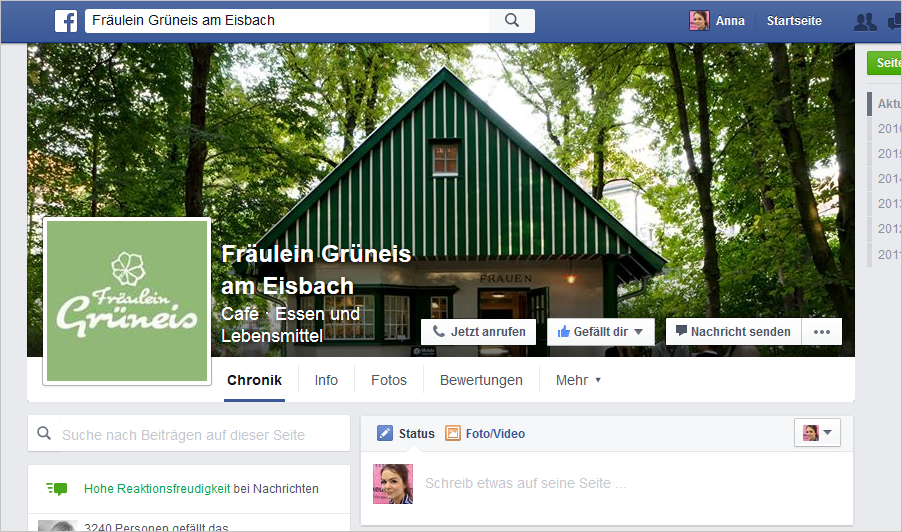 Screenshot: Facebook-Seite von "Fräulein Grüneis am Eisbach"