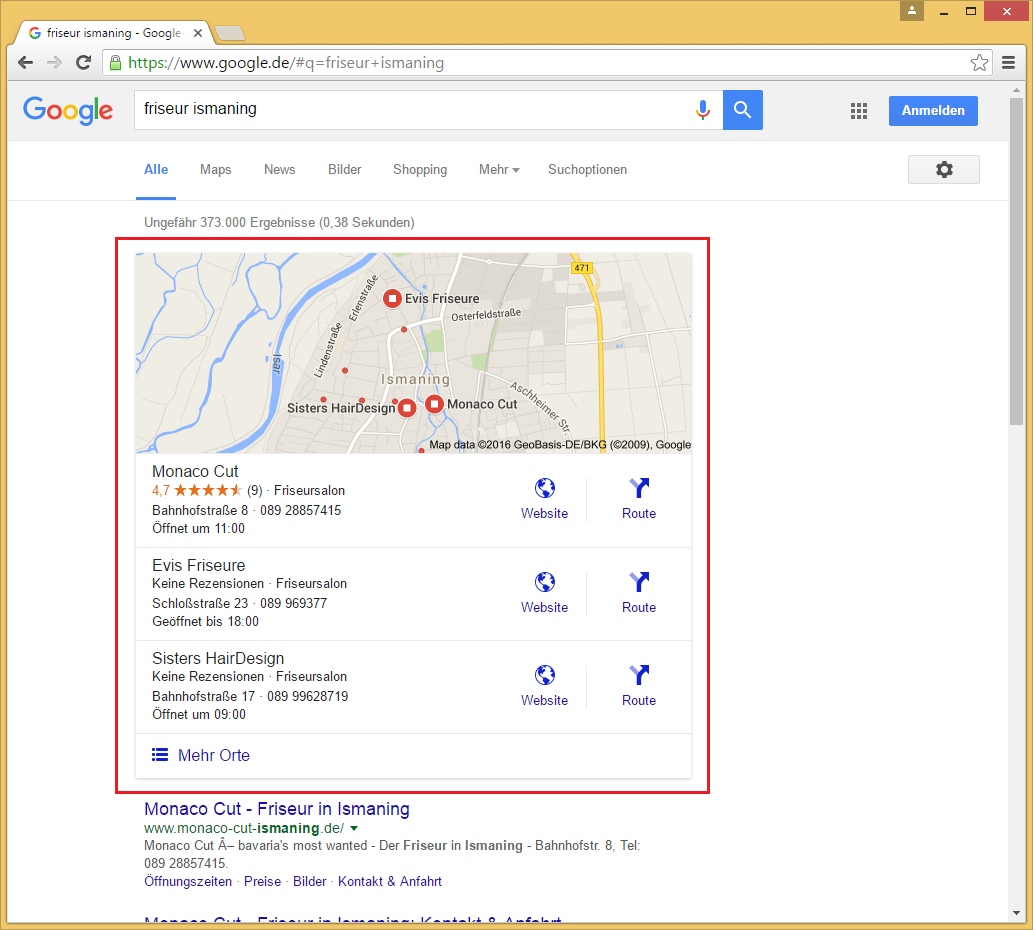 Screenshot: Google-Suche nach "friseur ismaning"