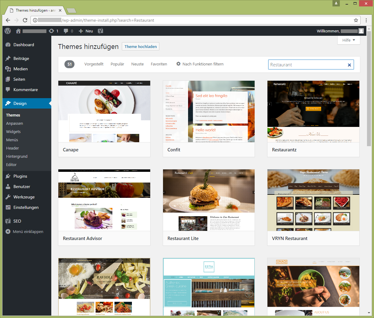 Theme-Suche nach "Restaurant" in WordPress