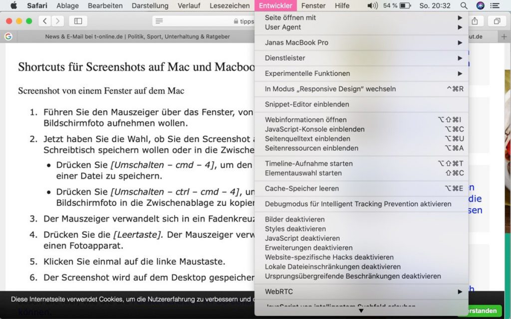 Abbildung - Sobald die Funktion aktiviert ist, erscheint der Name des aktuellen MacOS-Rechners als Untermenü im Menü „Entwickler" von Safari
