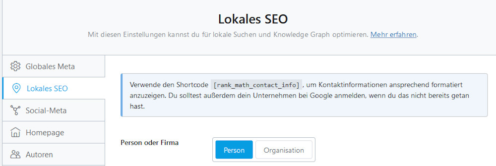 Abbildung:  RankMath SEO zur Organisation-Person-Auswahl