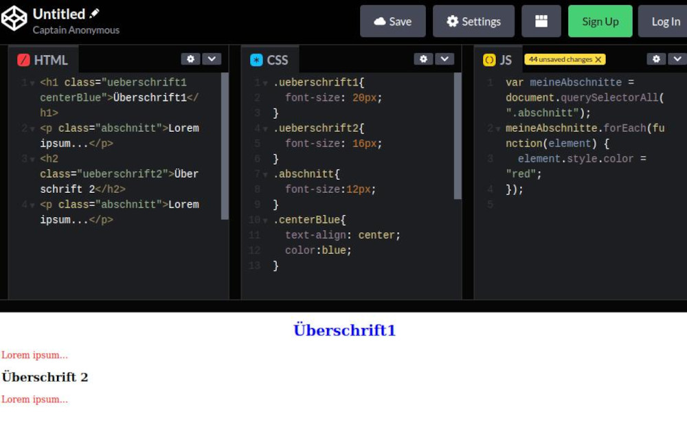 Abbildung: CodePen zeigt Auswirkungen von HTML, CSS und JavaScript direkt im Browser.
