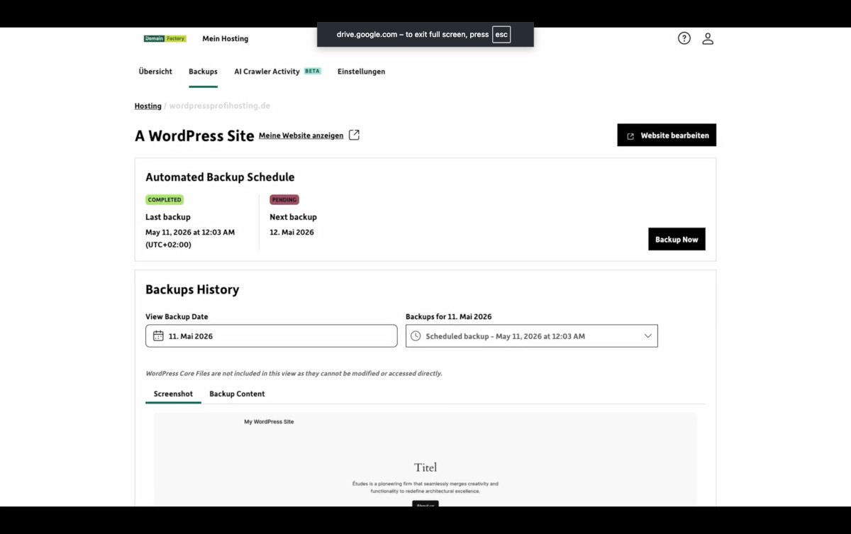 Abbildung: Screenshot: Backup-Bereich im Control Panel