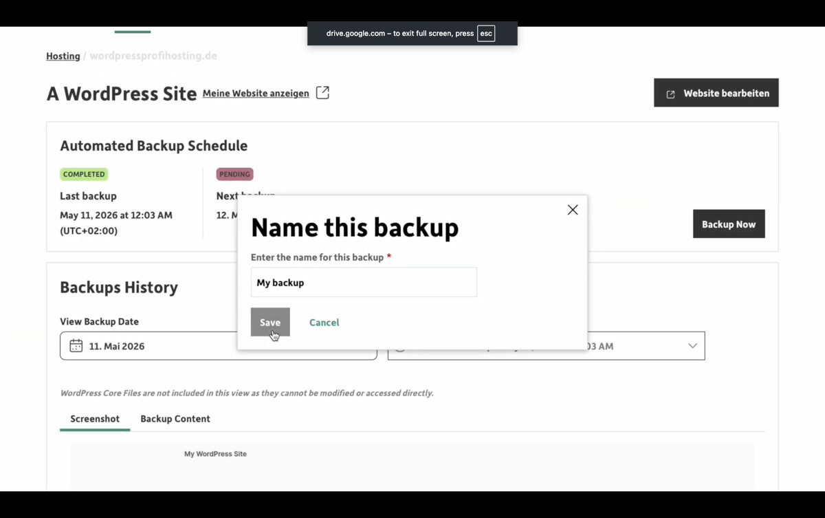 Abbildung: Screenshot: Manuelles Backup erstellen