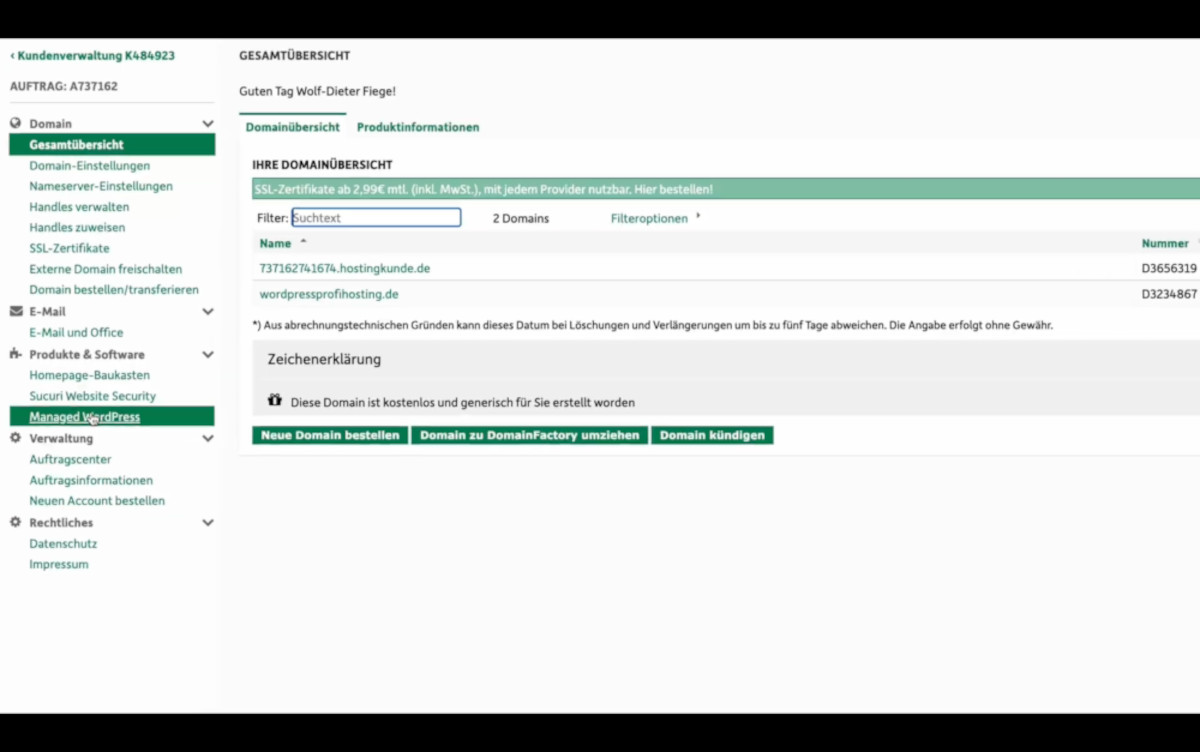 Abbildung: Screenshot: Login & Auftragsübersicht DomainFactory
