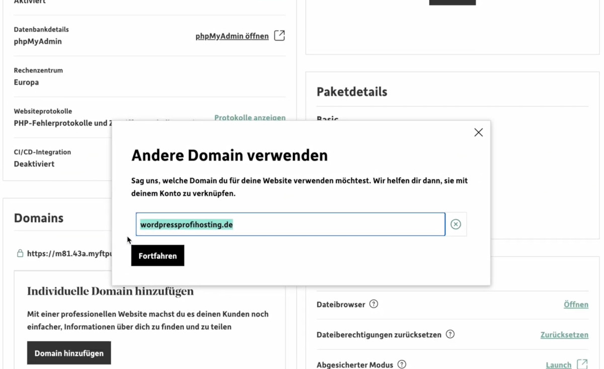 Abbildung: Screenshot: Domain hinzufügen im WordPress Hosting