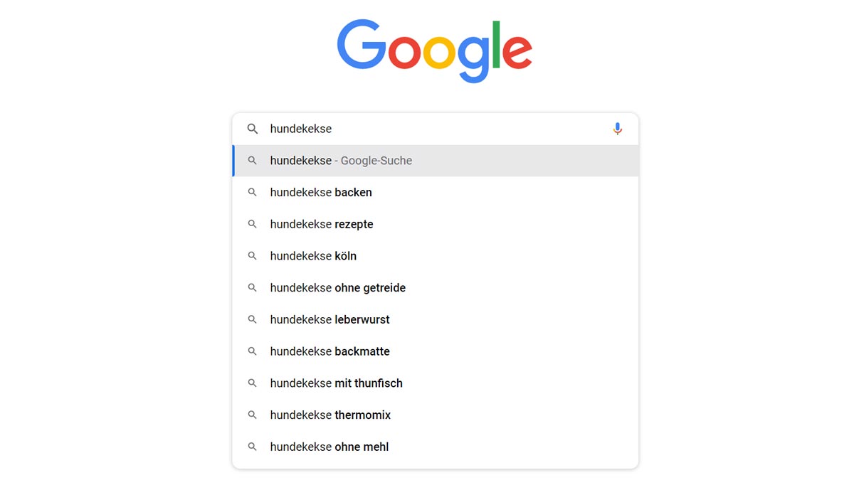 Yoast SEO-Anleitung Abbildung: Bei Google bekannte Suchanfragen nach »Hundekekse«